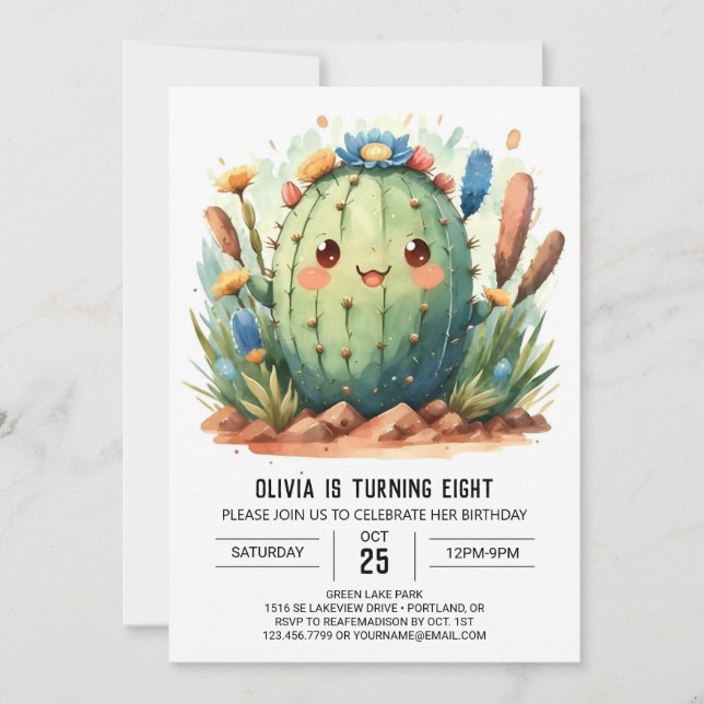 Watercolor Chic Kids Cactus Boy Birthday Inbjudningar (Framsida)