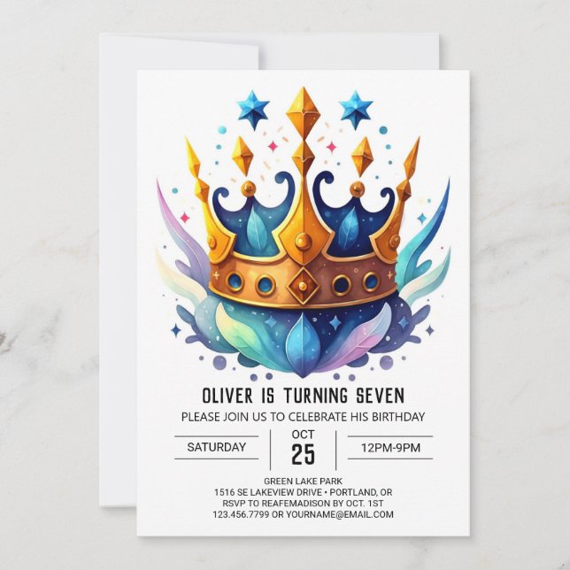 Watercolor Chic Prince Krona Birthday Inbjudningar (Framsida)