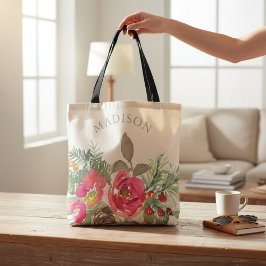 Watercolor Chic Winter Blommigt Personlig Namn Tygkasse
