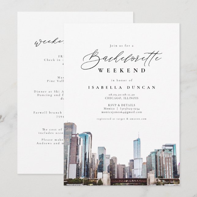 Watercolor Chicago Bachelorette Itinerary och Inbjudningar (Fram/baksida)