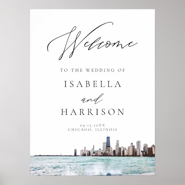 Watercolor Chicago Skyline Bröllop Välkommen Poster (Framsidan)