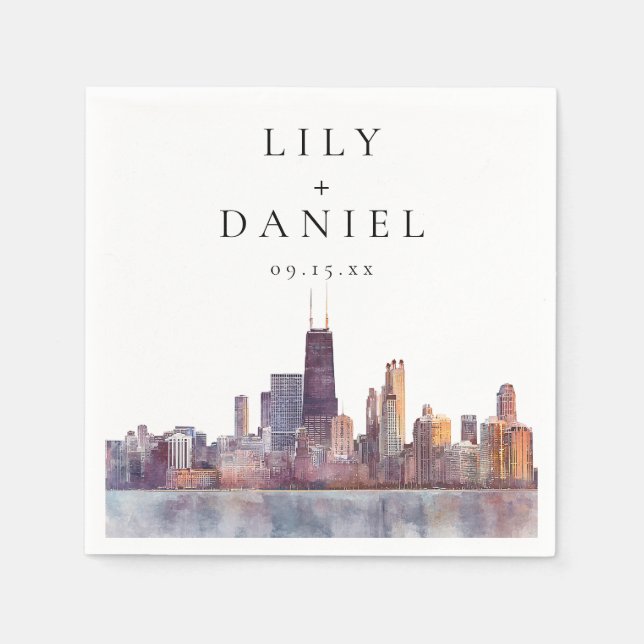 Watercolor Chicago Skyline Destination Wedding Pappersservett (Framsidan)