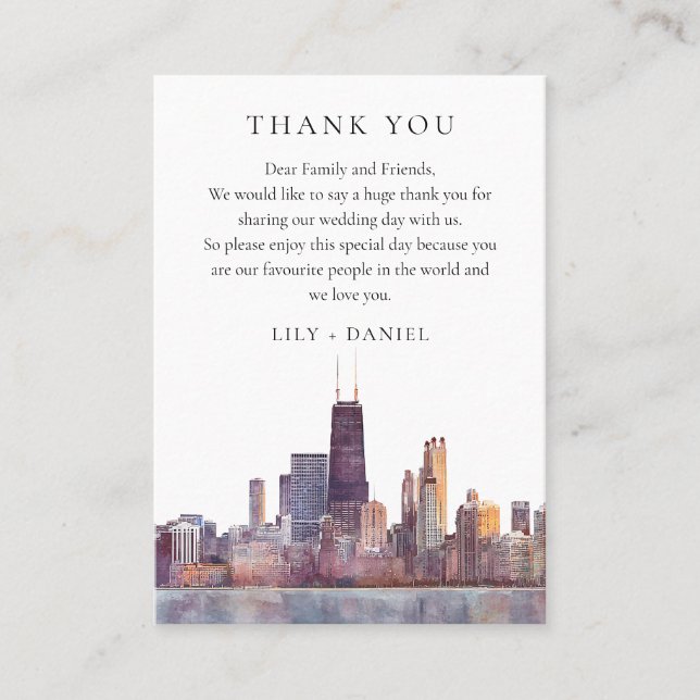 Watercolor Chicago Wedding Thank You Placeringskort (Framsida)