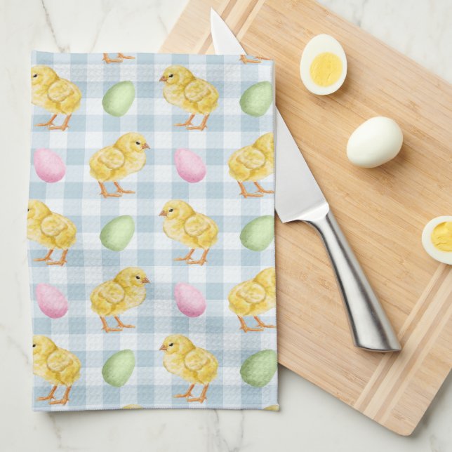 Watercolor Chick And Eggs On Blue Gingham Pattern Kökshandduk (Vikt i Fjärdedel)