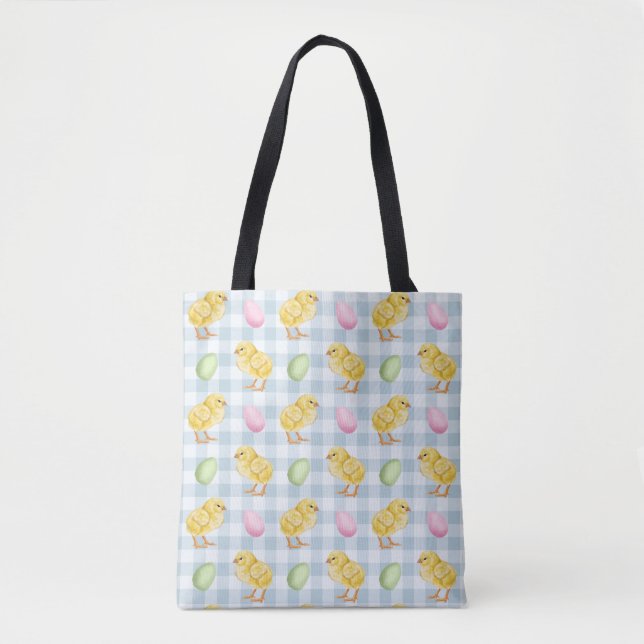 Watercolor Chick And Eggs On Blue Gingham Pattern Tygkasse (Framsida)