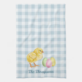 Watercolor Chick And Eggs On Blue With Name Kökshandduk