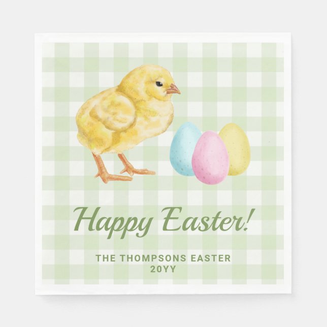Watercolor Chick And Eggs On Green Happy Easter Pappersservett (Framsidan)