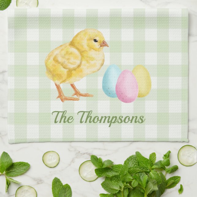 Watercolor Chick And Eggs On Green With Name Kökshandduk (Vikta)