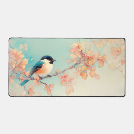 Watercolor Chickadee Aqua Peach Blossom