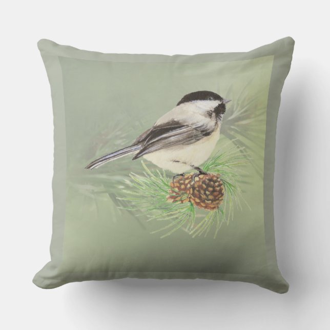 Watercolor Chickadee Bird i Gräs Träd Nature art Utomhuskudde (Framsida)