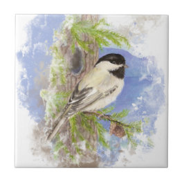 Watercolor Chickadee Bird Nature Art Kakelplatta