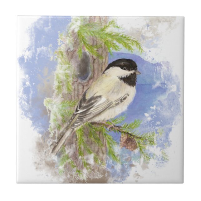Watercolor Chickadee Bird Nature Art Kakelplatta (Framsidan)