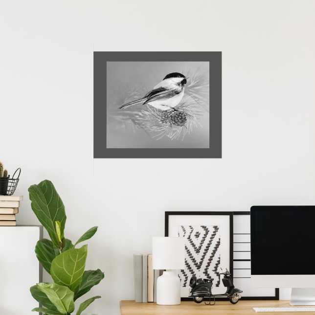 Watercolor Chickadee Bird Pine Cone Nature Art Poster (Hemmakontoret)