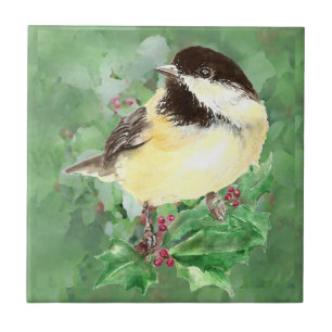 Watercolor Chickadee Bird Wildlife Art Kakelplatta