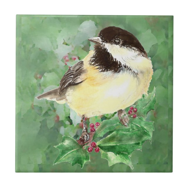 Watercolor Chickadee Bird Wildlife Art Kakelplatta (Framsidan)