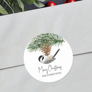 Watercolor Chickadee Gräs Cone jul Runt Klistermärke
