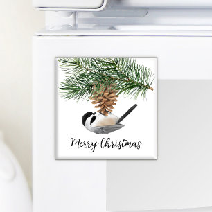 Watercolor Chickadee Gräs Cone Vinterjul Magnet