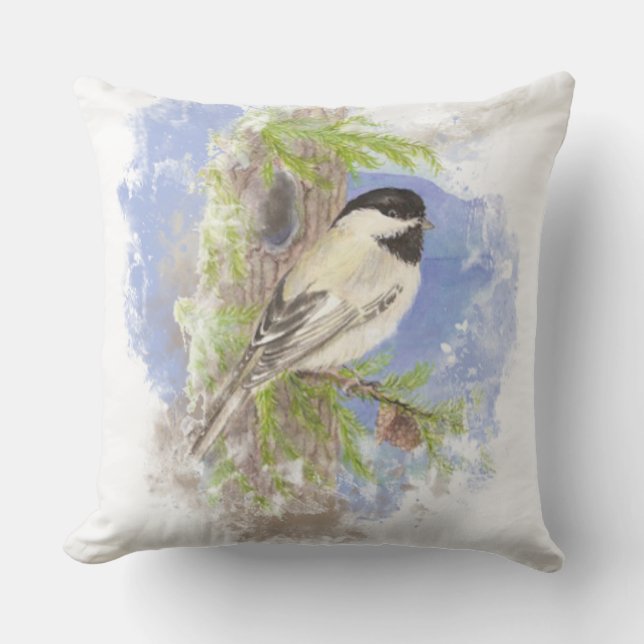 Watercolor Chickadee in Spruce Träd Bird Nature Utomhuskudde (Framsida)