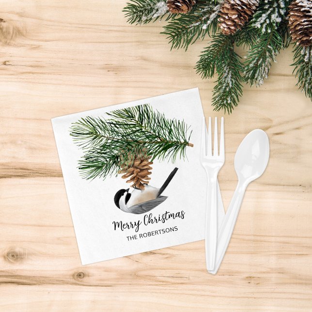 Watercolor Chickadee på Pinecone God jul Pappersservett (Skapare uppladdad)