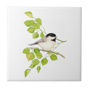 Watercolor Chickadee Poplar Träd Art Kakelplatta