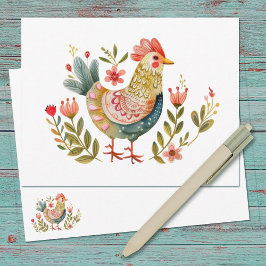 Watercolor Chicken Folk Art Stationery Anteckningskort