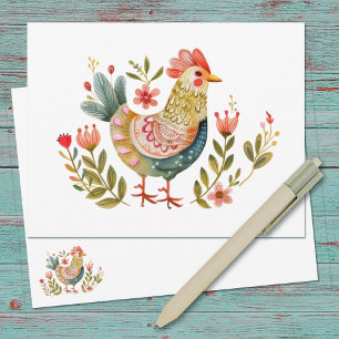 Watercolor Chicken Folk Art Stationery Anteckningskort