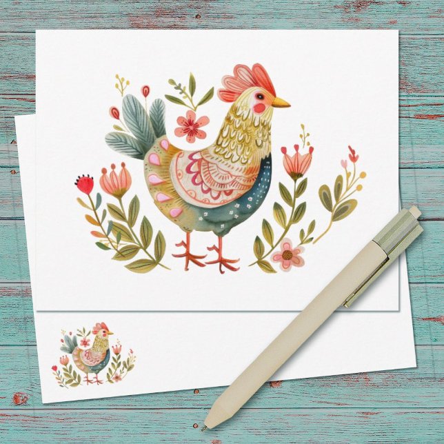 Watercolor Chicken Folk Art Stationery Anteckningskort (A pretty farmhouse watercolor folk art chicken notecard)