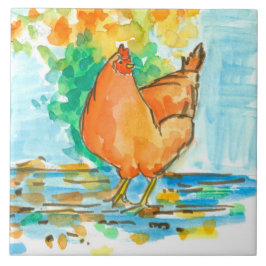Watercolor Chicken Hen Höst löv Kakelplatta