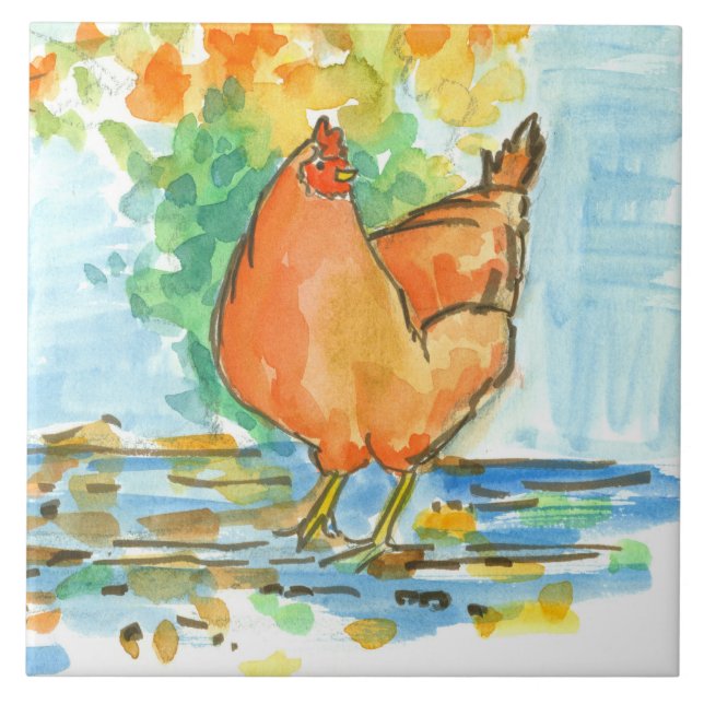 Watercolor Chicken Hen Höst löv Kakelplatta (Framsidan)