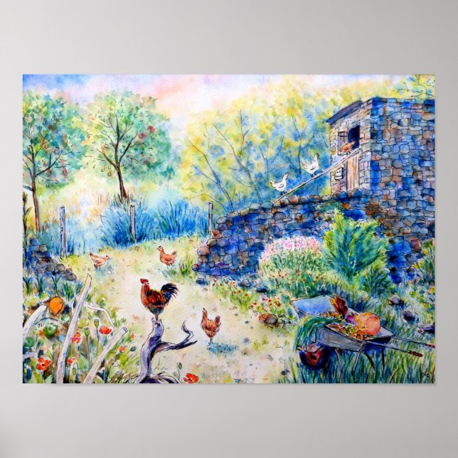 Watercolor Chickens and Hen House Poster (Framsidan)