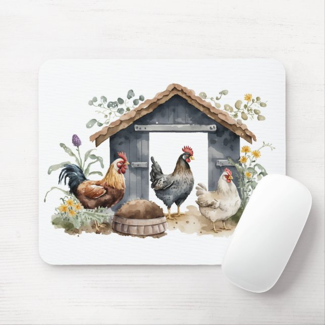 Watercolor Chickens in Coop Musmatta (Med mus)