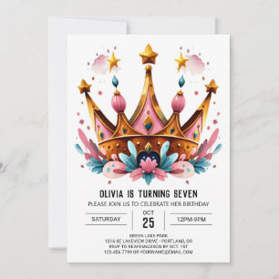Watercolor Children Princess Krona Birthday Inbjudningar