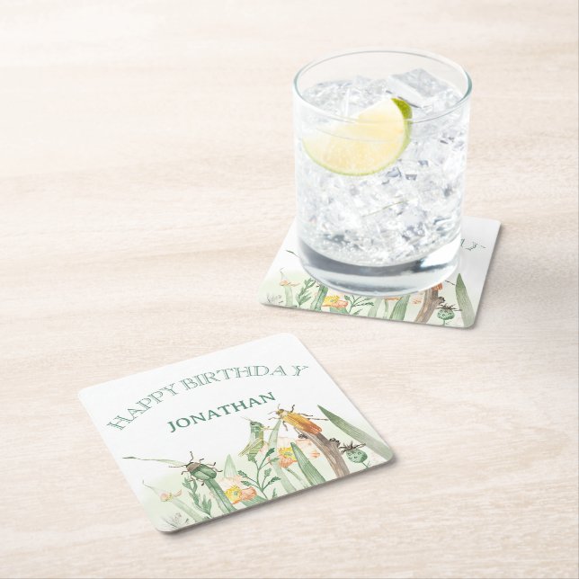 Watercolor Child's Bug Insect Birthday Underlägg Papper Kvadrat (Insitu)