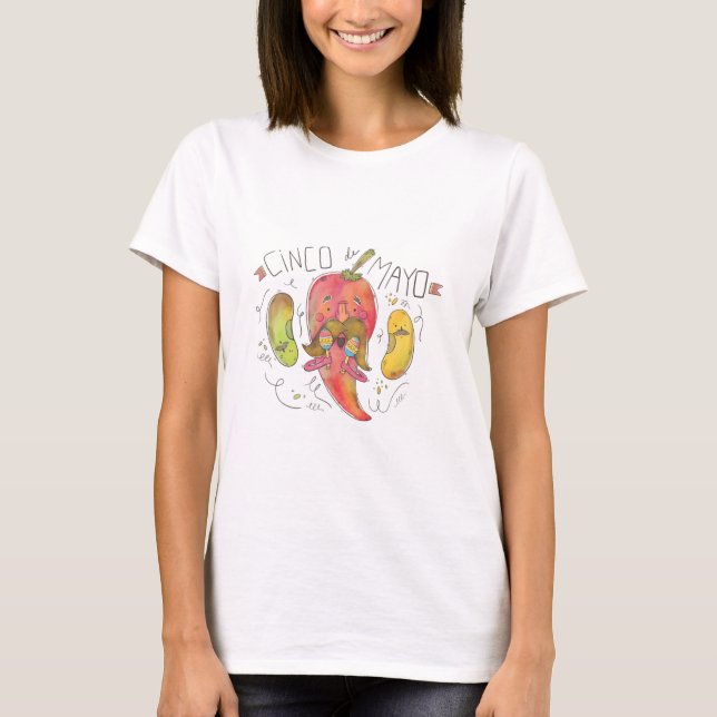 Watercolor Chili Pepper, Beans, Cinco de Mayo T Shirt (Framsida)