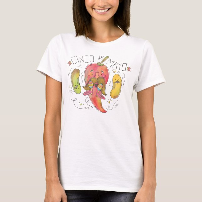 Watercolor Chili Pepper, Beans, Cinco de Mayo T Shirt (Framsida)