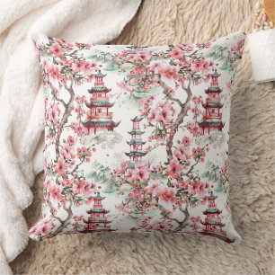 Watercolor Chinese Pagoda - Cherry Blommars (10) Kudde