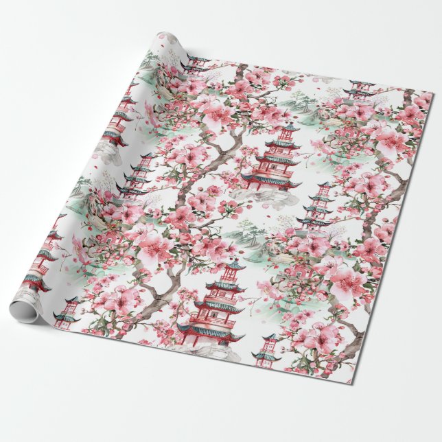 Watercolor Chinese Pagoda - Cherry Blommars (10) Presentpapper (Utrullad)