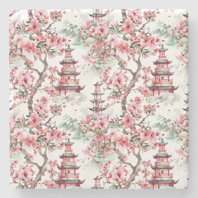 Watercolor Chinese Pagoda - Cherry Blommars (10) Stenunderlägg (Framsidan)