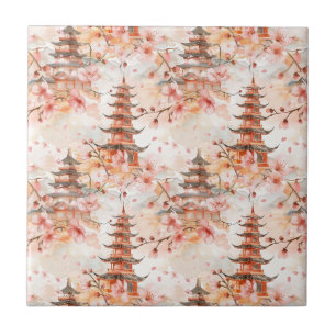 Watercolor Chinese Pagoda med Cherry Blommars (1) Kakelplatta