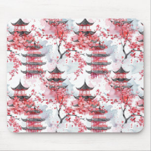 Watercolor Chinese Pagoda med Cherry Blommars (2) Musmatta