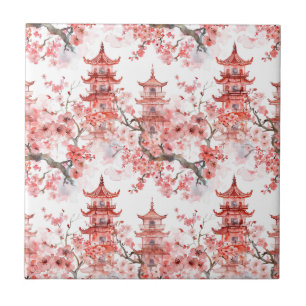 Watercolor Chinese Pagoda med Cherry Blommars (3) Kakelplatta