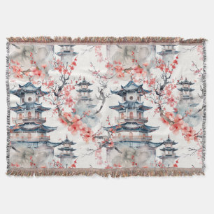 Watercolor Chinese Pagoda med Cherry Blommars (4) Filt