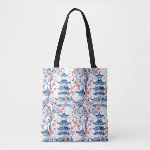 Watercolor Chinese Pagoda med Cherry Blommars (5) Tygkasse