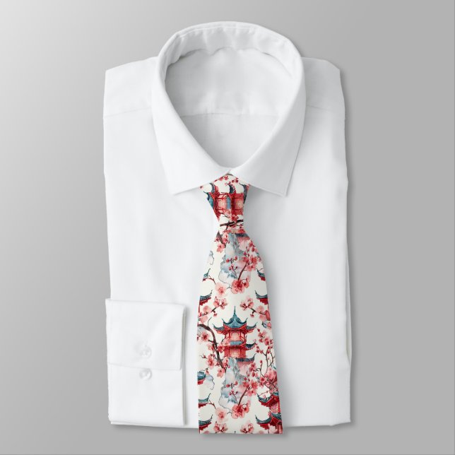 Watercolor Chinese Pagoda med Cherry Blommars (8) Slips (Bunden)