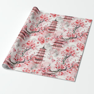 Watercolor Chinese Pagoda med Cherry Blommars (9) Presentpapper