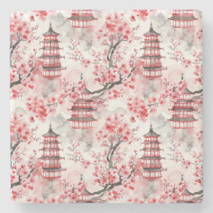 Watercolor Chinese Pagoda med Cherry Blommars (9) Stenunderlägg