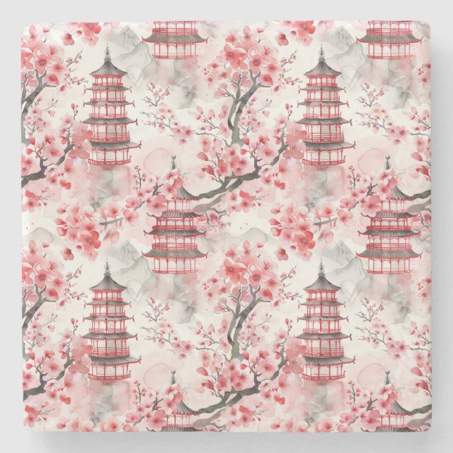 Watercolor Chinese Pagoda med Cherry Blommars (9) Stenunderlägg (Framsidan)