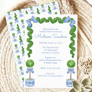 Watercolor Chinoiserie Blue Bow Topiary Inbjudningar
