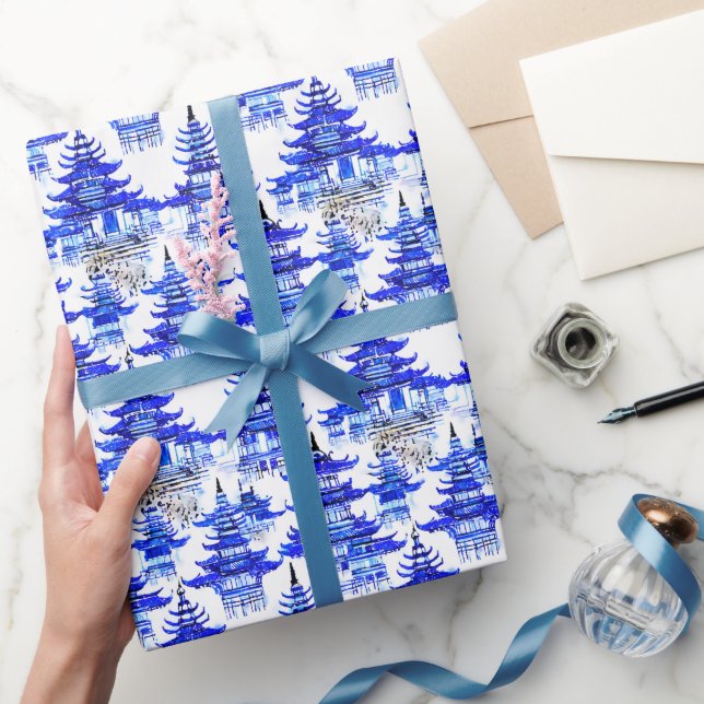 Watercolor Chinoiserie Blue Pagodas Presentpapper (Gifting)