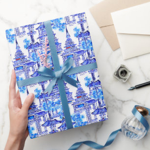 Watercolor Chinoiserie Blue Pagodas Presentpapper